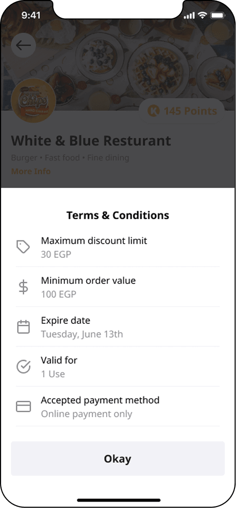 A terms and conditions sheet for the promo code, listing the maximum discount, minimum order value, expiry date, number of uses, and that it requires online payment.