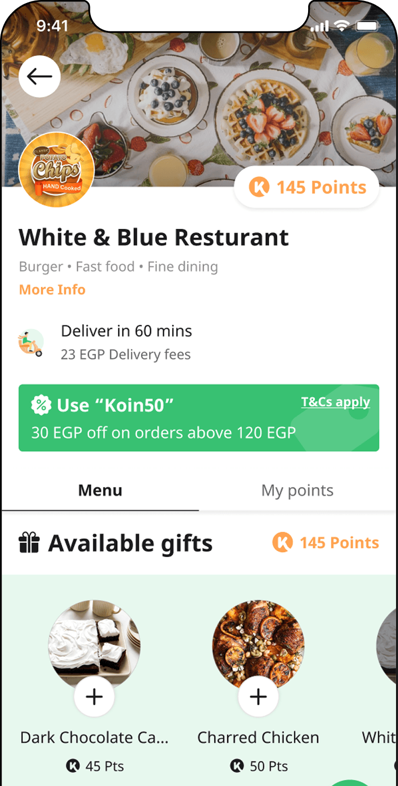The redesigned restaurant page: cover photograph, brand logo, points balance, name and cuisines, delivery time and fees, a promo code banner, Menu and My points tabs, and a row of available gifts.