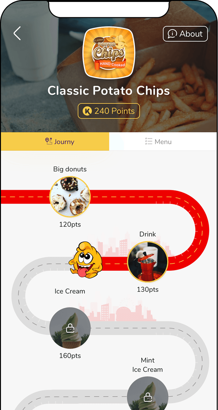 The 2021 restaurant page on its Journy tab, showing a winding road of gifts priced in points, most of them still locked.