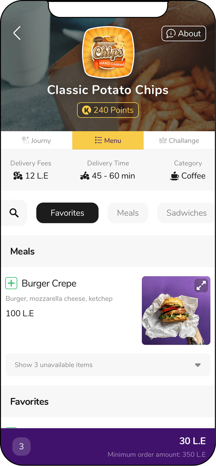 The 2021 restaurant page on its Menu tab, with Journy, Menu and Challange tabs above delivery fees, delivery time and category, then a search field, category chips and a list of meals.