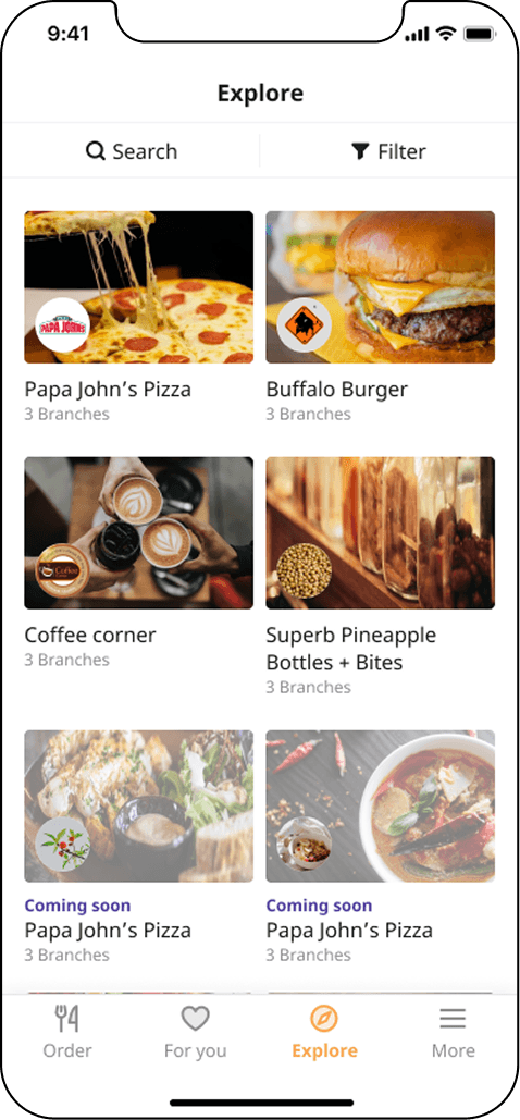 The 2021 Explore page, a grid of restaurant cards with branch counts and a coming soon label on two of them.