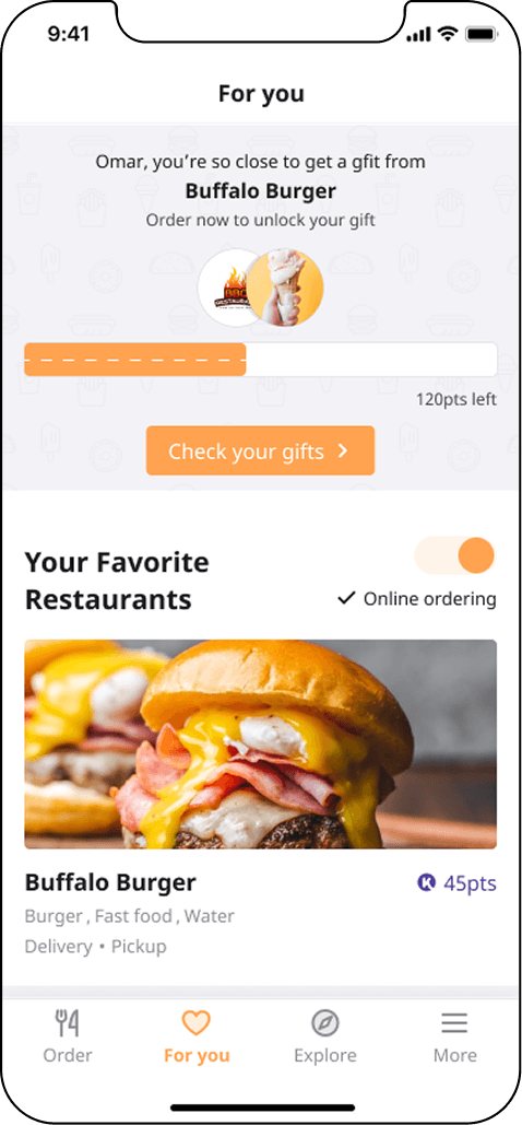 The 2021 For You page, showing progress towards a gift from Buffalo Burger with 120 points left and a button to check available gifts.