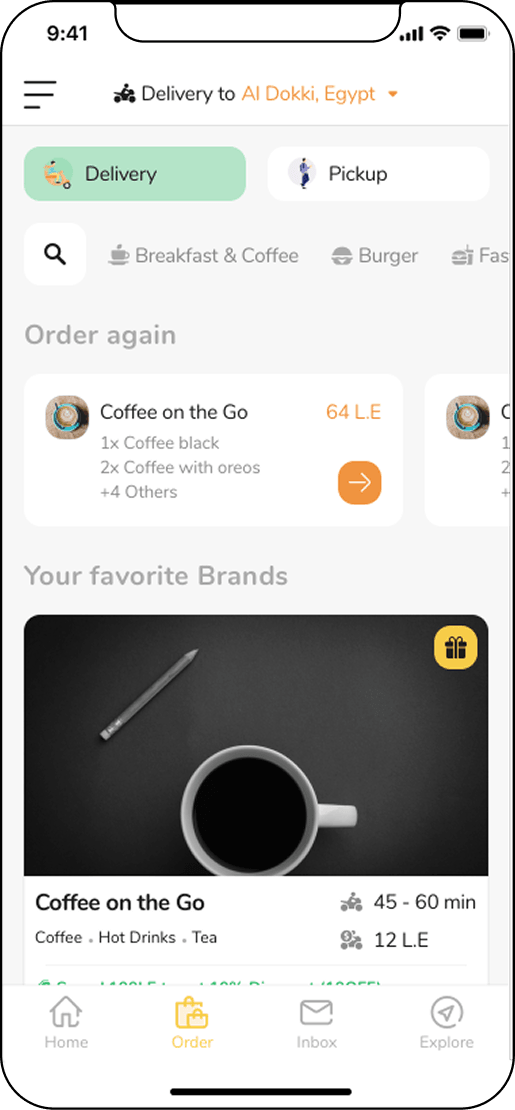 The 2021 Order page in delivery mode, with a delivery and pickup toggle, cuisine filters, an Order again row, and cards for favourite brands.