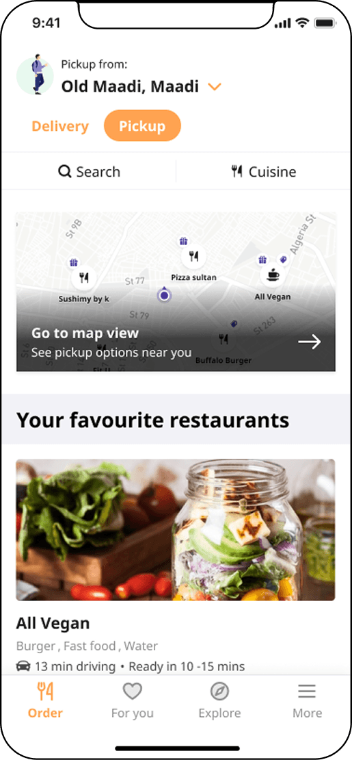 The 2021 Order page switched to pickup, showing a map of nearby restaurants above a list of favourites with driving time and preparation time.